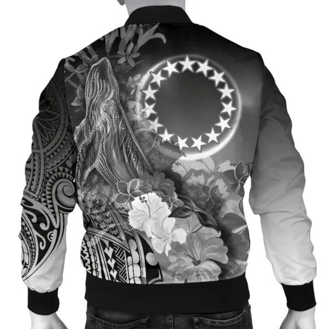 FUNSTUFFPRINT Bomber Jacket Cook Islands Custom Personalised - Humpback Whale with Tropical Flowers (White)- 3D Bomber Jacket