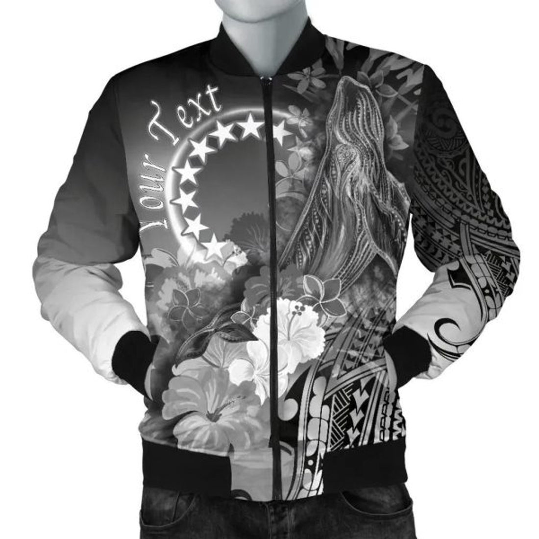 FUNSTUFFPRINT Bomber Jacket Cook Islands Custom Personalised - Humpback Whale with Tropical Flowers (White)- 3D Bomber Jacket