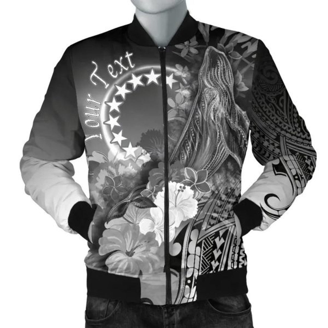 FUNSTUFFPRINT Bomber Jacket Cook Islands Custom Personalised - Humpback Whale with Tropical Flowers (White)- 3D Bomber Jacket