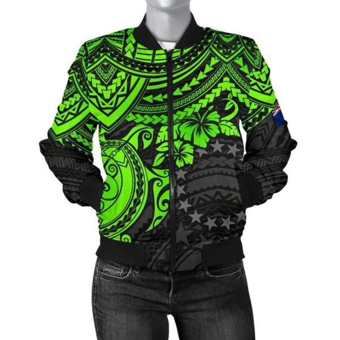 FUNSTUFFPRINT Bomber Jacket Cook Islands Polynesian - Green Turtle - 3D Bomber Jacket