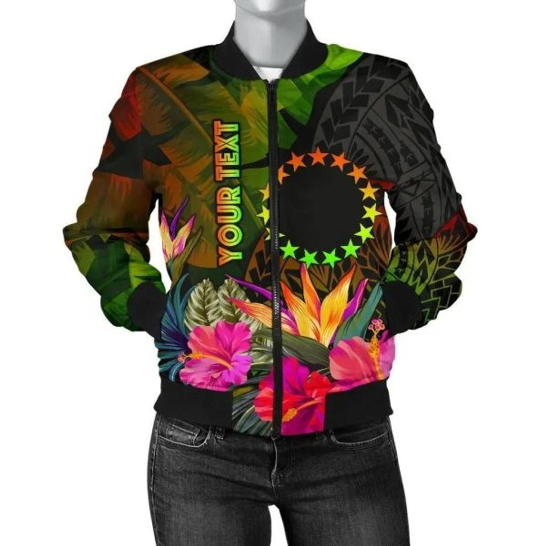 FUNSTUFFPRINT Bomber Jacket Cook Islands Polynesian Personalised - Hibiscus and Banana Leaves 3D Bomber Jacket