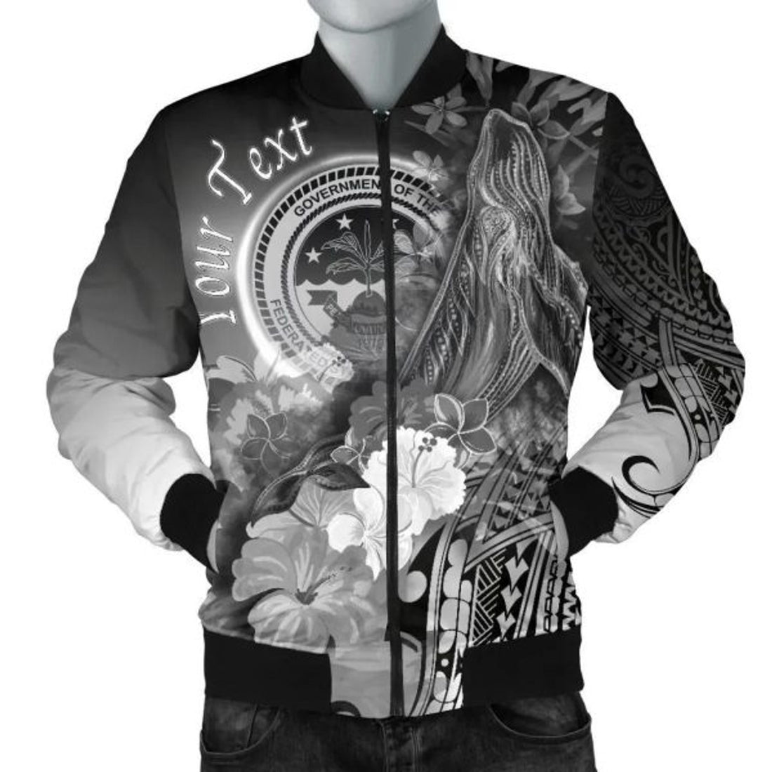 FUNSTUFFPRINT Bomber Jacket Federated States of Micronesia Custom Personalised - Humpback Whale with Tropical Flowers (White) 3D Bomber Jacket