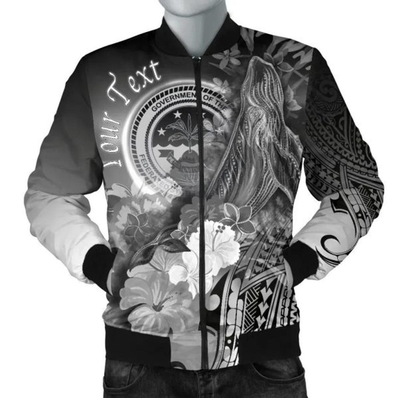 FUNSTUFFPRINT Bomber Jacket Federated States of Micronesia Custom Personalised - Humpback Whale with Tropical Flowers (White) 3D Bomber Jacket