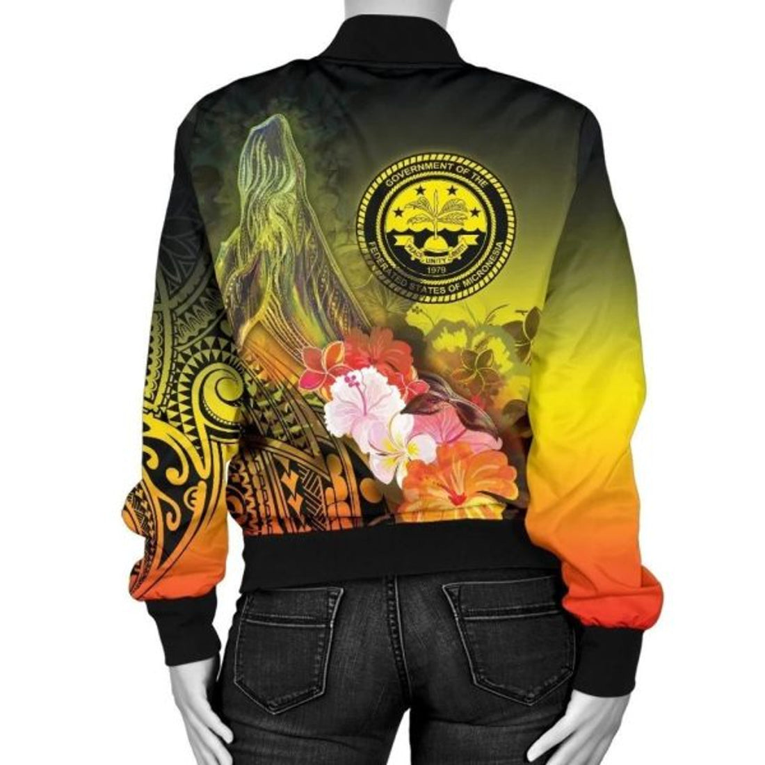 FUNSTUFFPRINT Bomber Jacket Federated States of Micronesia Custom Personalised - Humpback Whale with Tropical Flowers (Yellow) 3D Bomber Jacket