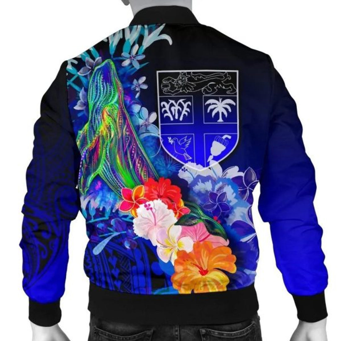 FUNSTUFFPRINT Bomber Jacket Fiji Custom Personalised - Humpback Whale with Tropical Flowers (Blue) 3D Bomber Jacket
