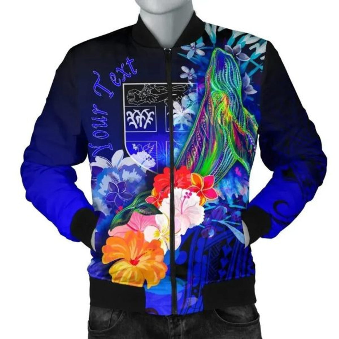 FUNSTUFFPRINT Bomber Jacket Fiji Custom Personalised - Humpback Whale with Tropical Flowers (Blue) 3D Bomber Jacket