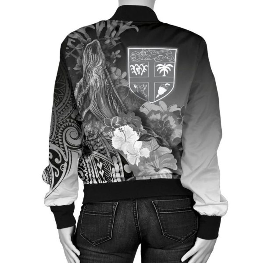 FUNSTUFFPRINT Bomber Jacket Fiji Custom Personalised - Humpback Whale with Tropical Flowers (White) 3D Bomber Jacket