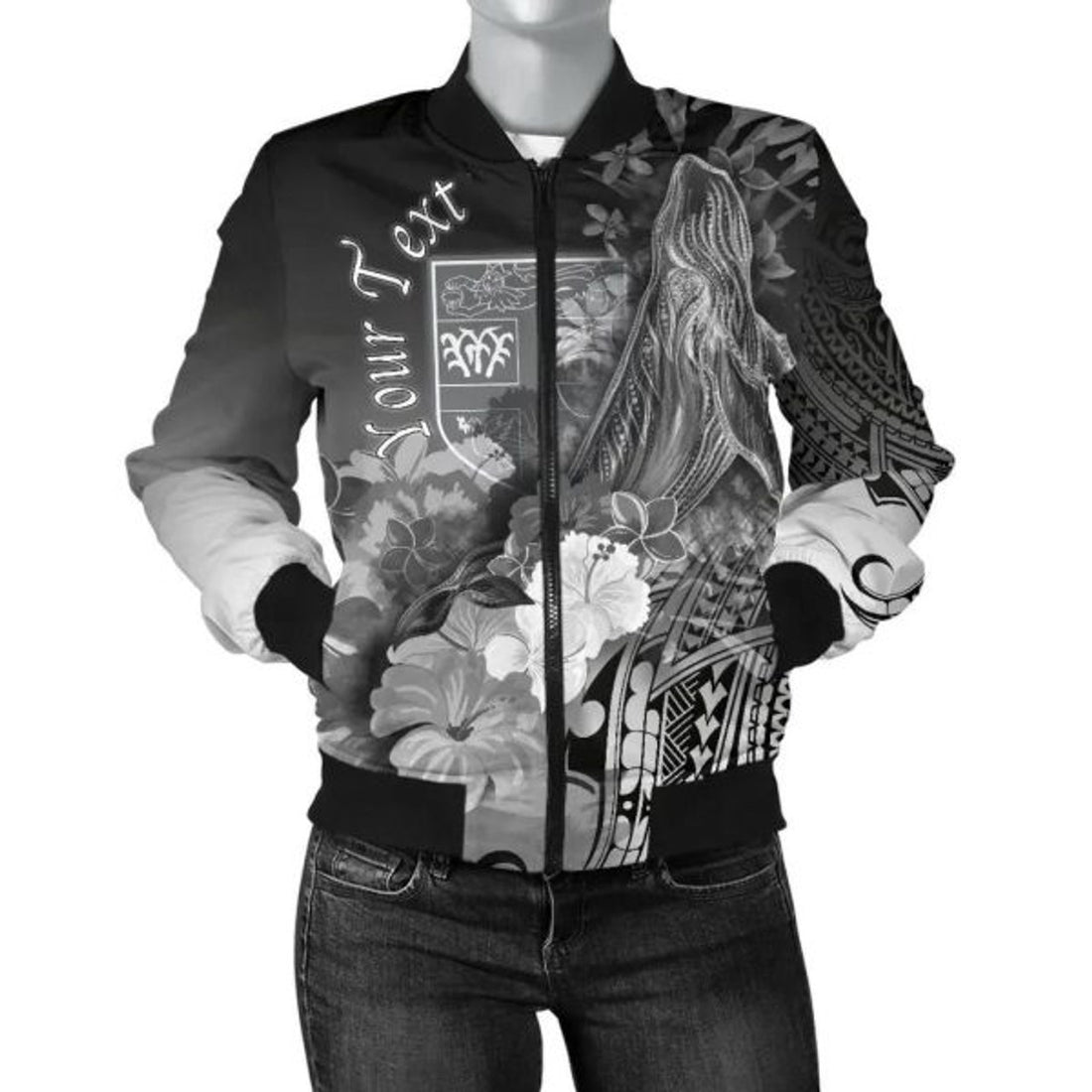 FUNSTUFFPRINT Bomber Jacket Fiji Custom Personalised - Humpback Whale with Tropical Flowers (White) 3D Bomber Jacket