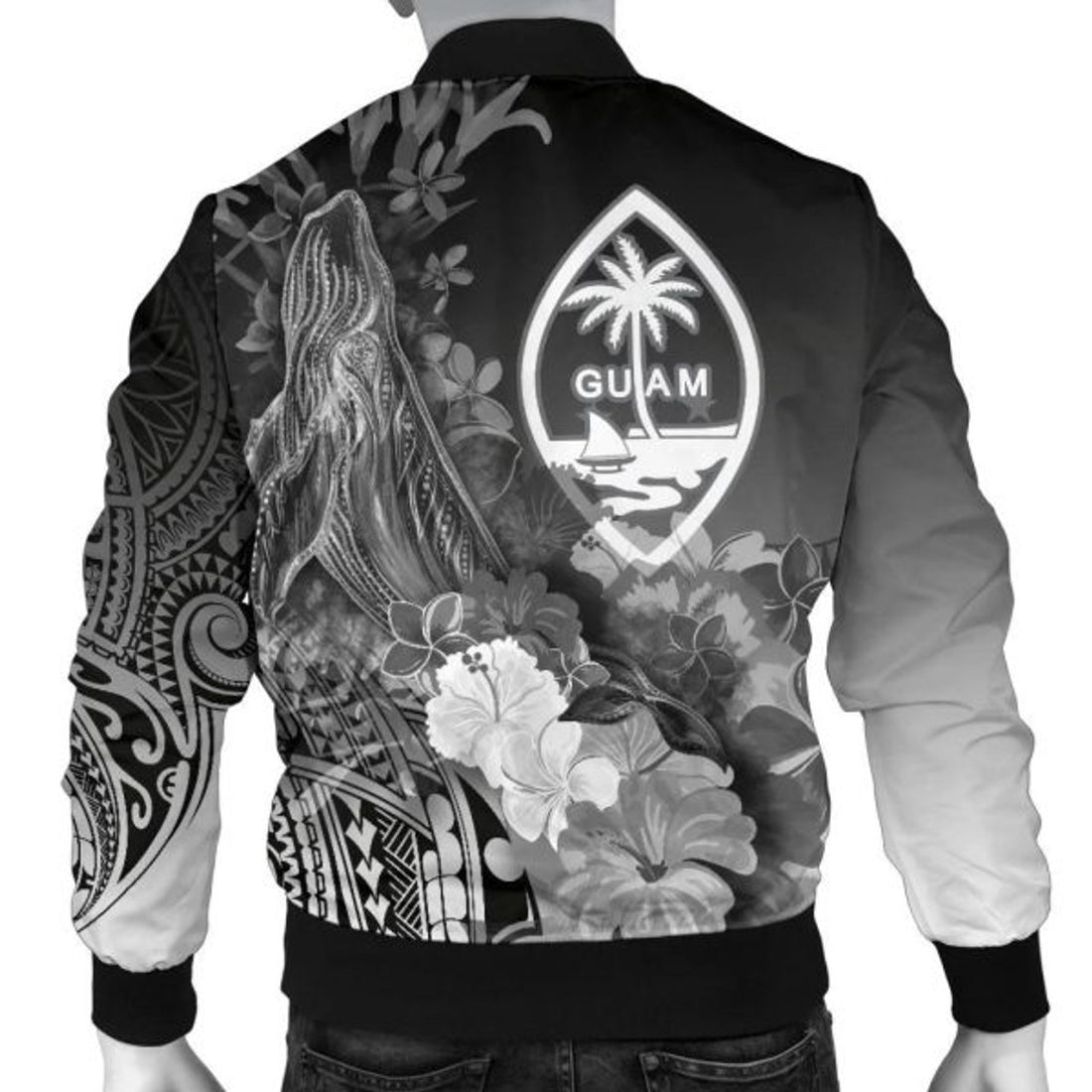FUNSTUFFPRINT Bomber Jacket Guam - Humpback Whale with Tropical Flowers (White) 3D Bomber Jacket