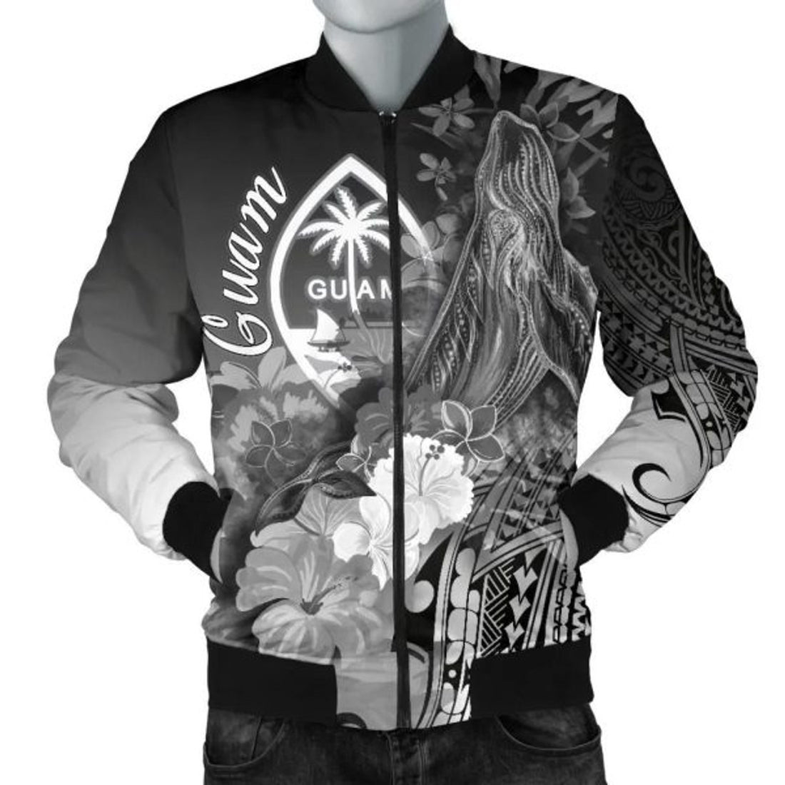 FUNSTUFFPRINT Bomber Jacket Guam - Humpback Whale with Tropical Flowers (White) 3D Bomber Jacket