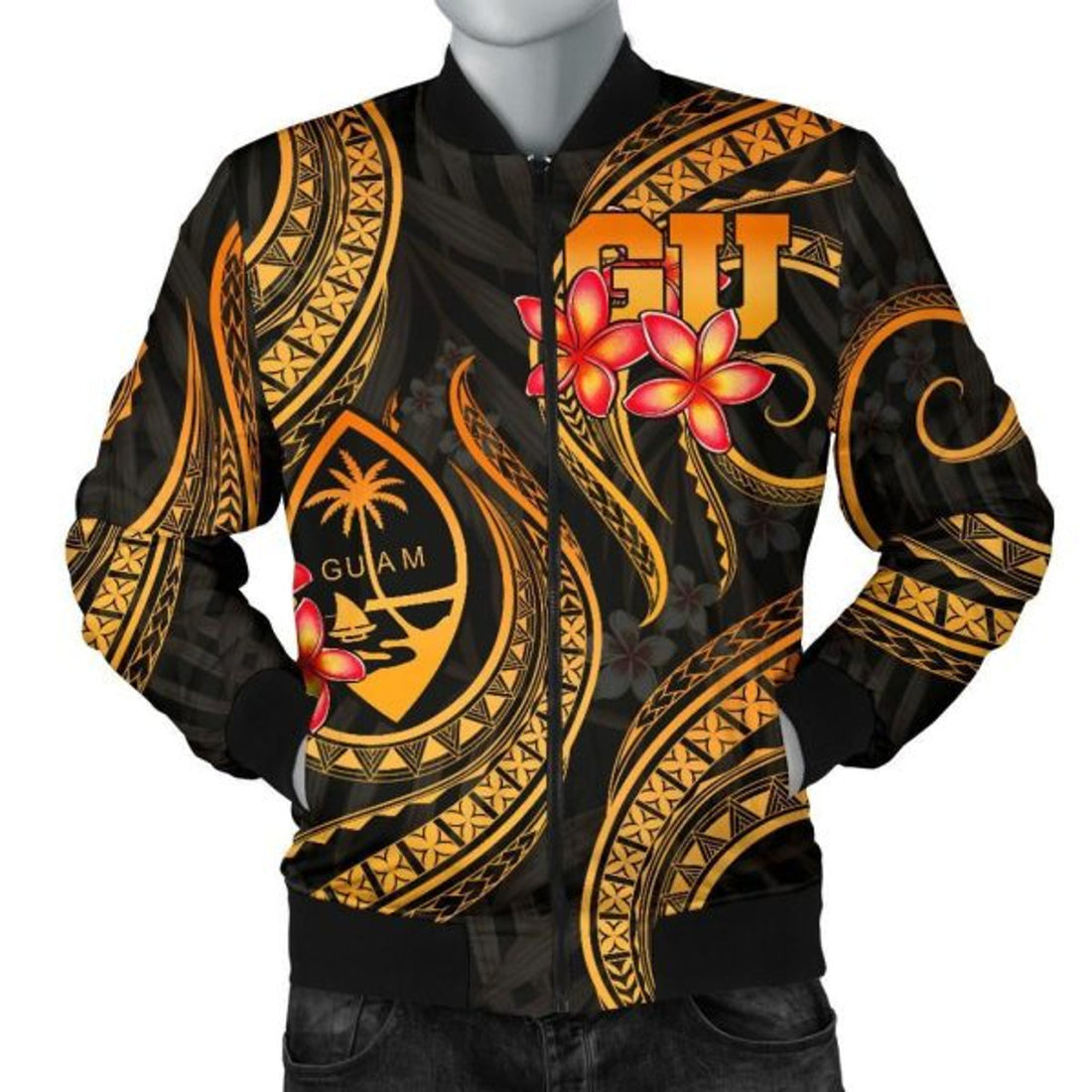 FUNSTUFFPRINT Bomber Jacket Guam Polynesian - Gold Plumeria 3D Bomber Jacket