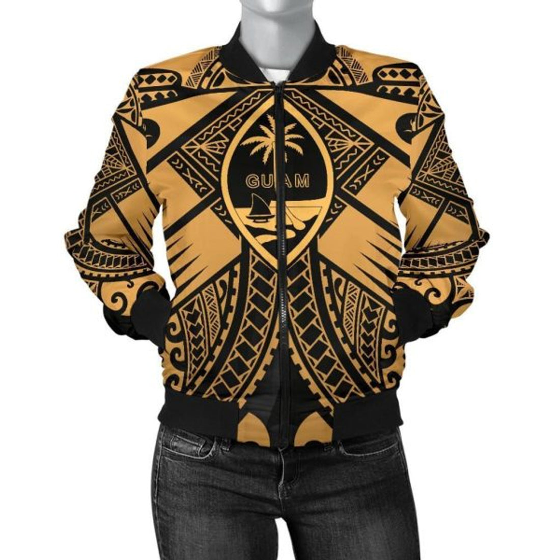 FUNSTUFFPRINT Bomber Jacket Guam Polynesian - Guam Gold Seal with Polynesian Tattoo 3D Bomber Jacket