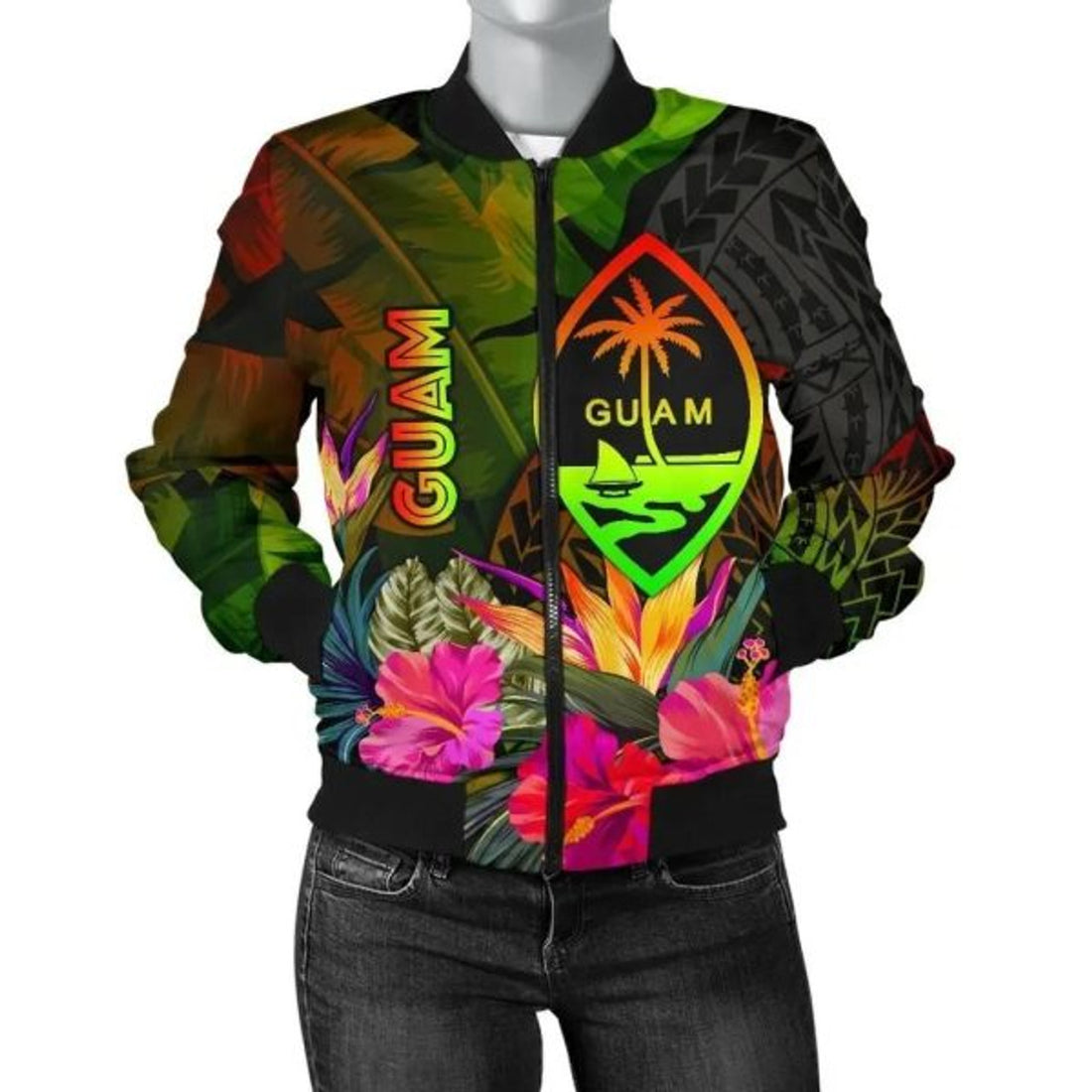 FUNSTUFFPRINT Bomber Jacket Guam Polynesian - Hibiscus and Banana Leaves 3D Bomber Jacket