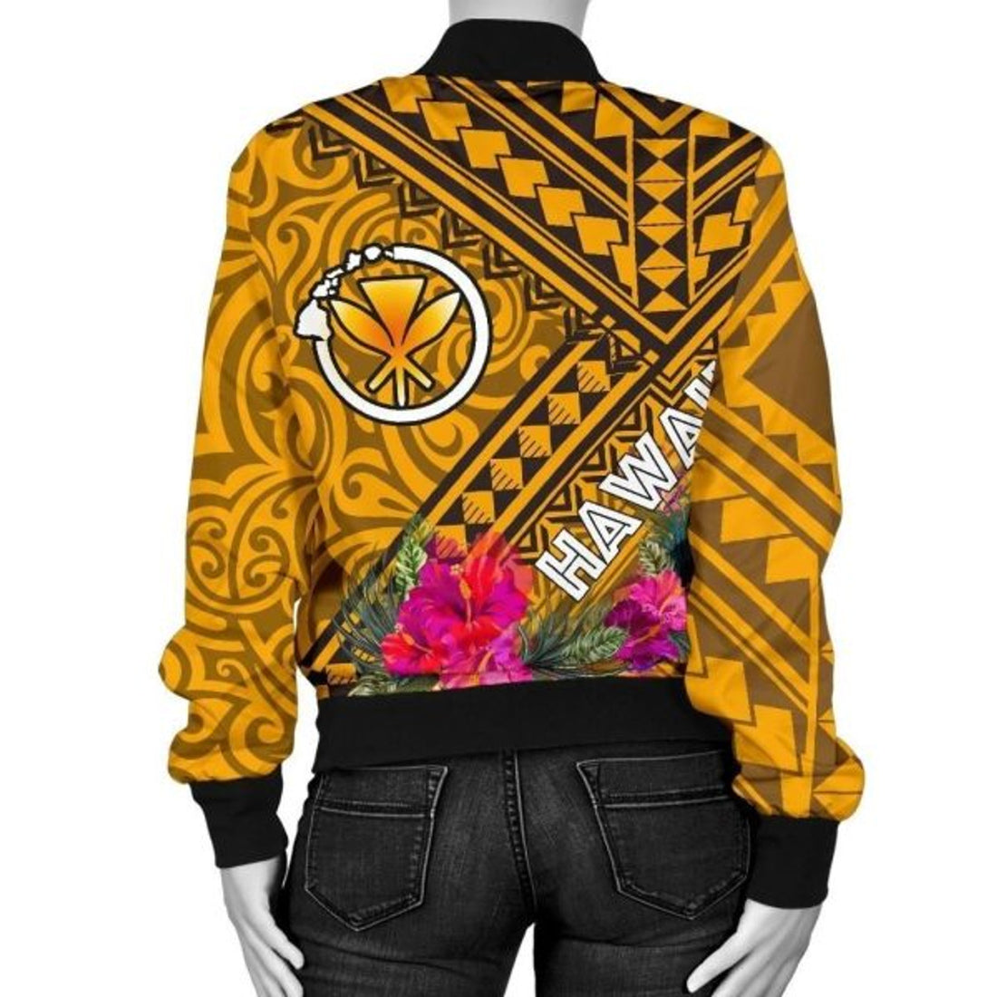 FUNSTUFFPRINT Bomber Jacket Hawaii - Kanaka Maoli With Hibiscus On Polynesian Patterns (YELLOW) 3D Bomber Jacket