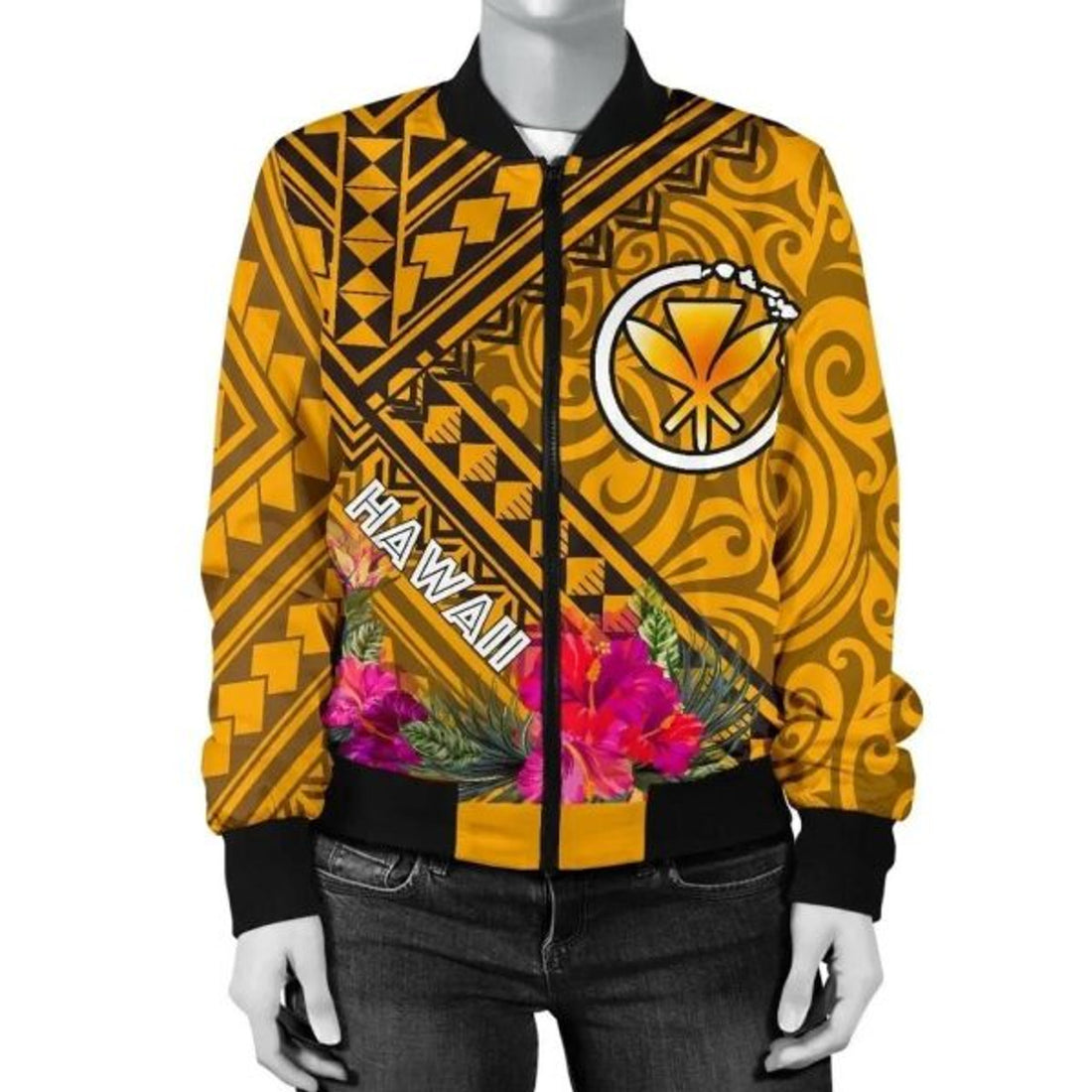 FUNSTUFFPRINT Bomber Jacket Hawaii - Kanaka Maoli With Hibiscus On Polynesian Patterns (YELLOW) 3D Bomber Jacket