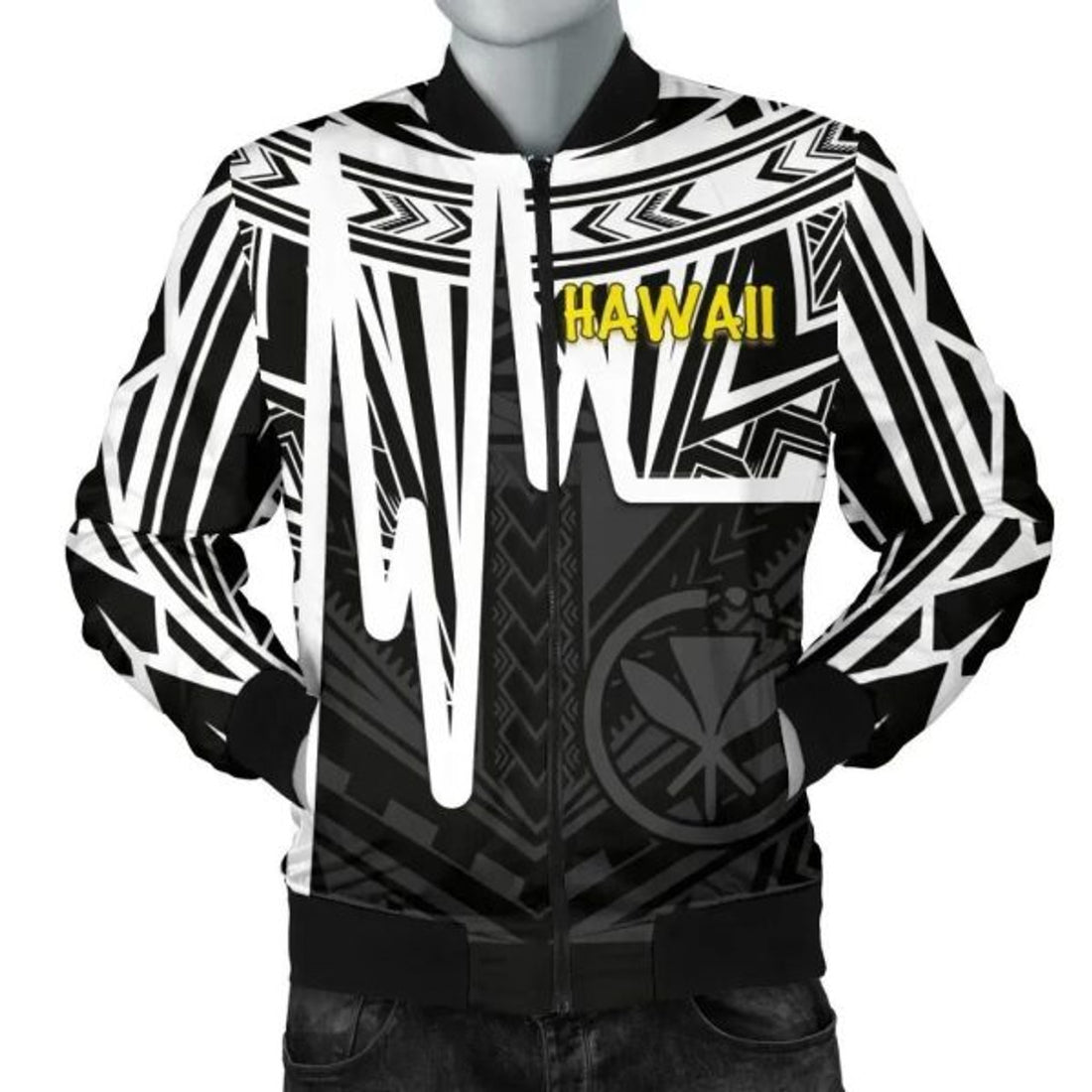 FUNSTUFFPRINT Bomber Jacket Hawaii - Kanaka Maoli With Polynesian Pattern In Heartbeat Style (Black,White) 3D Bomber Jacket