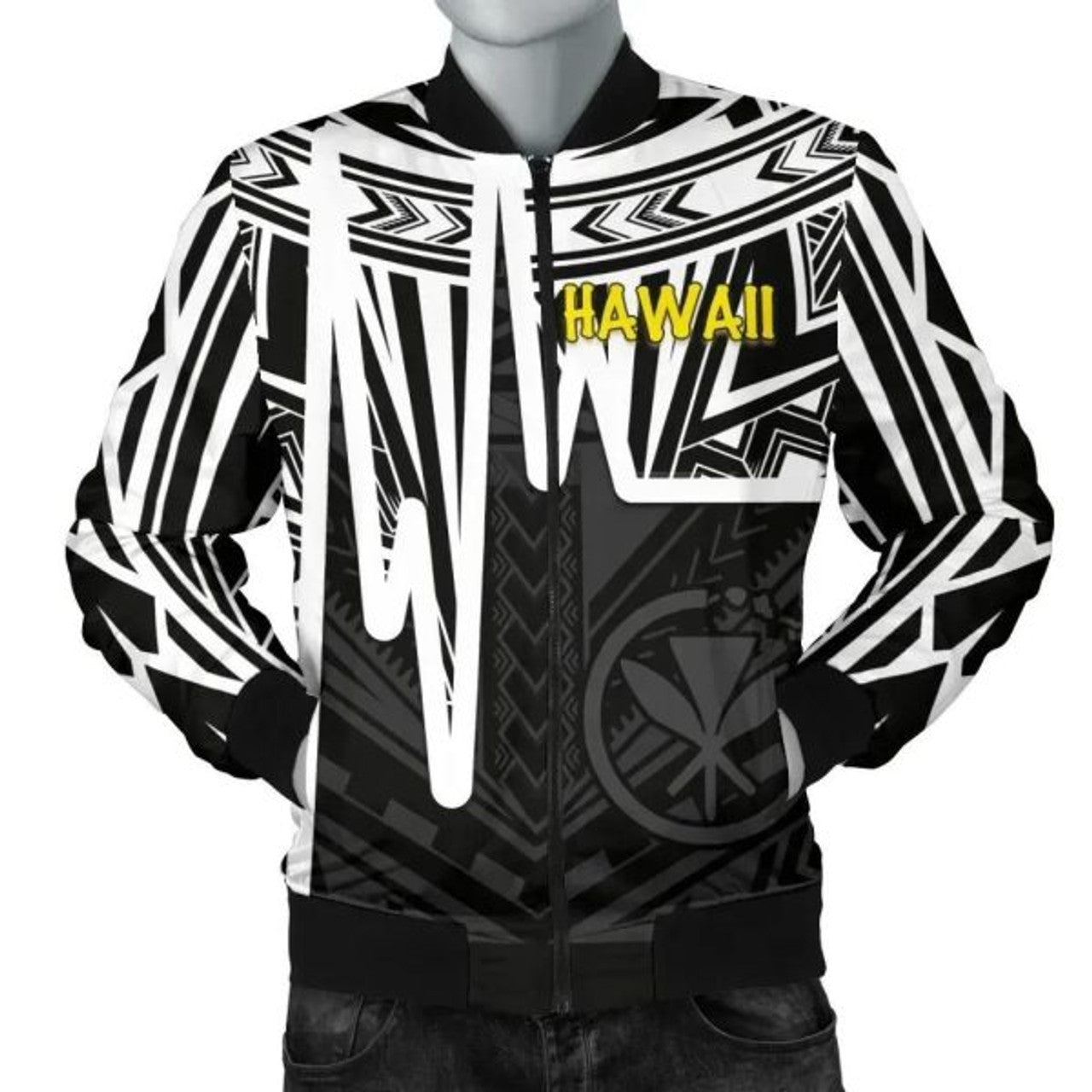 FUNSTUFFPRINT Bomber Jacket Hawaii - Kanaka Maoli With Polynesian Pattern In Heartbeat Style (Black,White) 3D Bomber Jacket