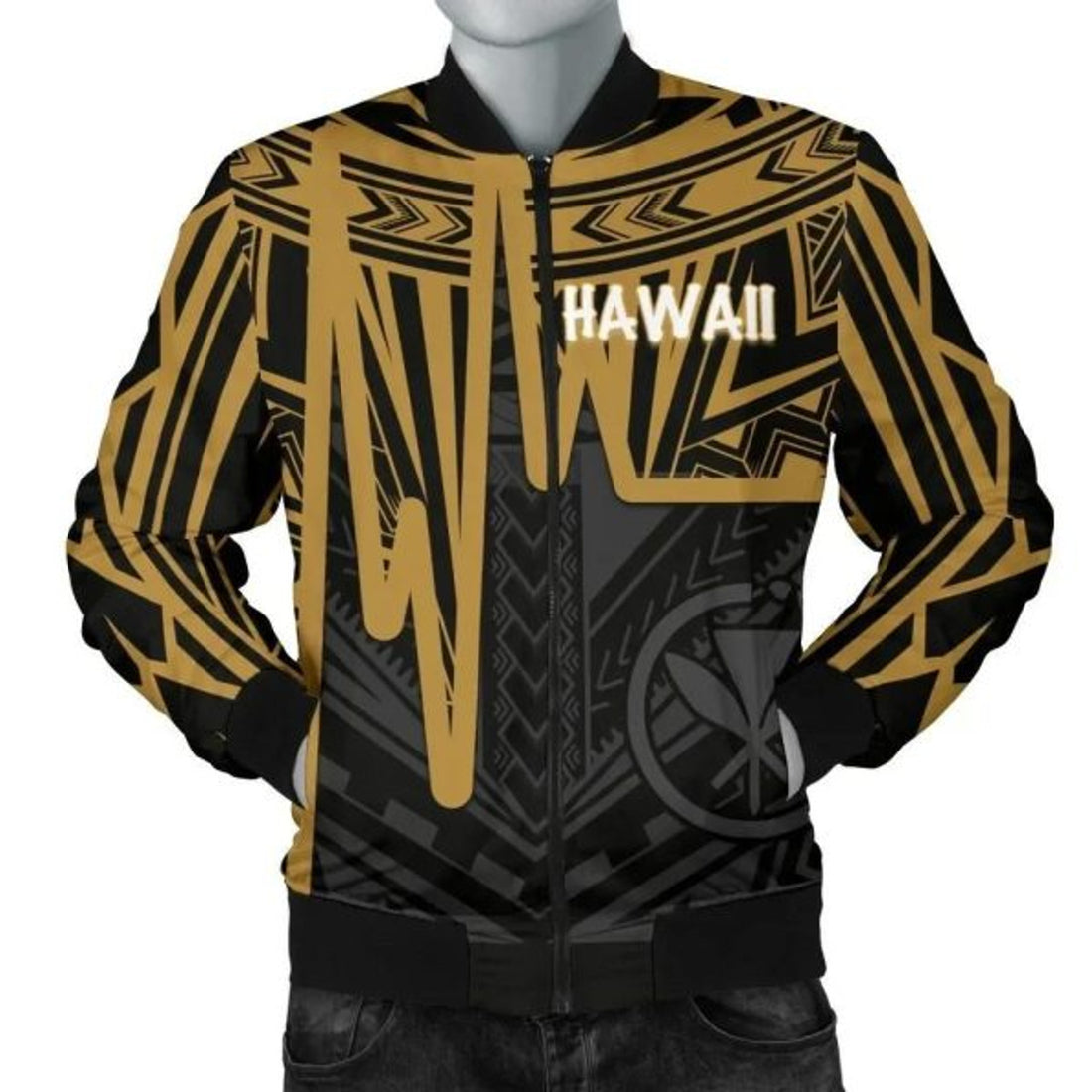 FUNSTUFFPRINT Bomber Jacket Hawaii - Kanaka Maoli With Polynesian Pattern In Heartbeat Style (Gold) 3D Bomber Jacket