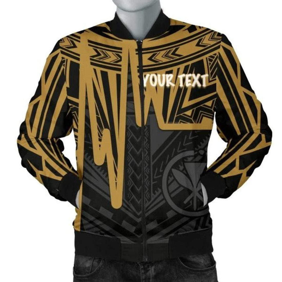 FUNSTUFFPRINT Bomber Jacket Hawaii Personalised - Kanaka Maoli With Polynesian Pattern In Heartbeat Style (Gold) 3D Bomber Jacket