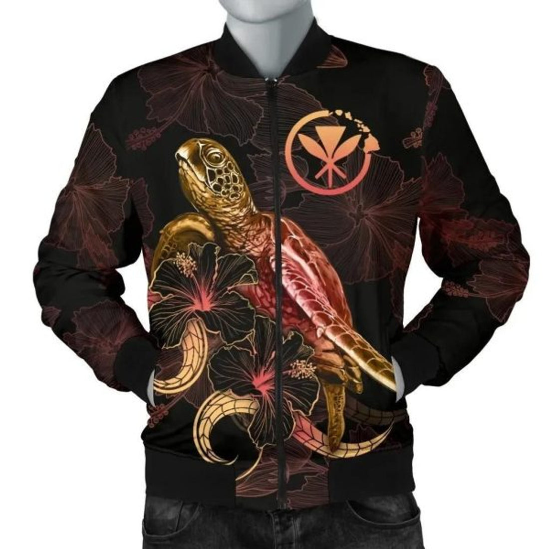 FUNSTUFFPRINT Bomber Jacket Hawaii Polynesian - Turtle With Blooming Hibiscus Gold 3D Bomber Jacket