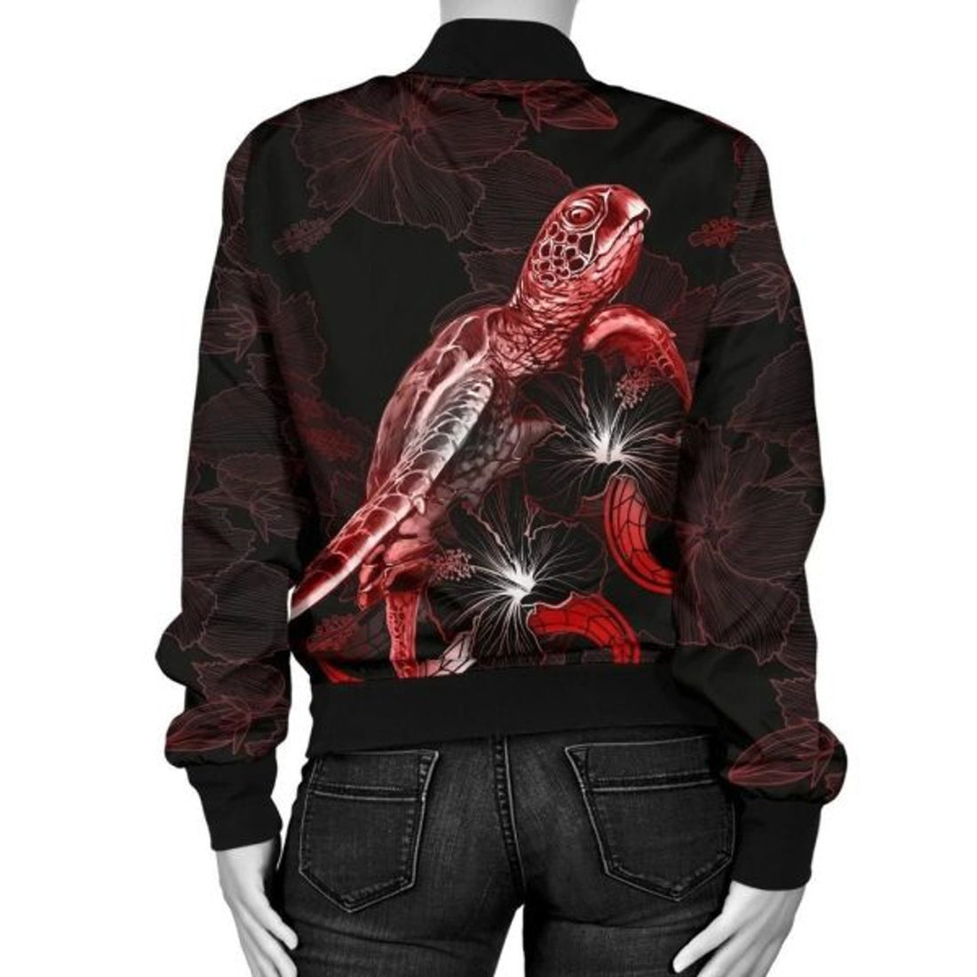FUNSTUFFPRINT Bomber Jacket Hawaii Polynesian - Turtle With Blooming Hibiscus Red 3D Bomber Jacket