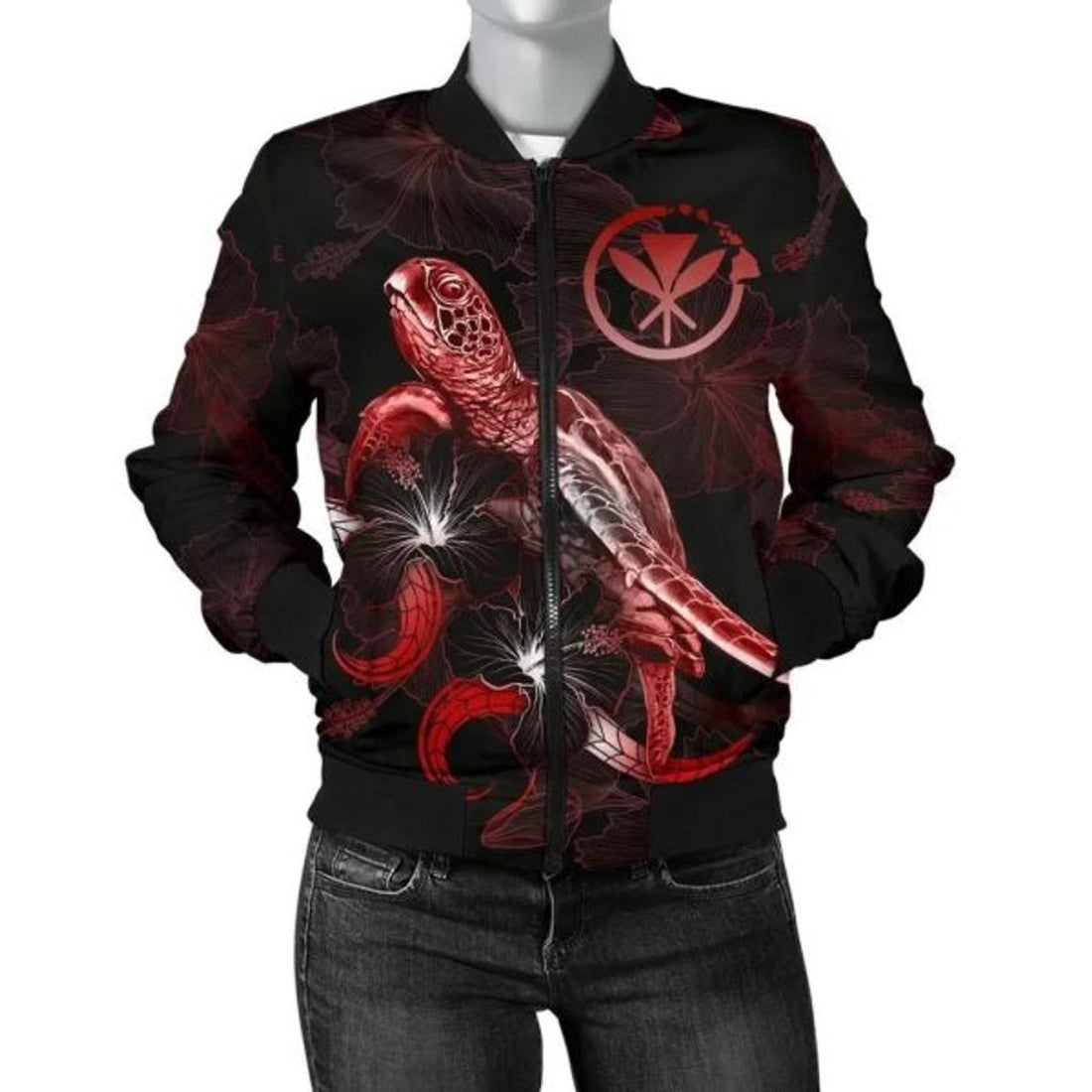 FUNSTUFFPRINT Bomber Jacket Hawaii Polynesian - Turtle With Blooming Hibiscus Red 3D Bomber Jacket
