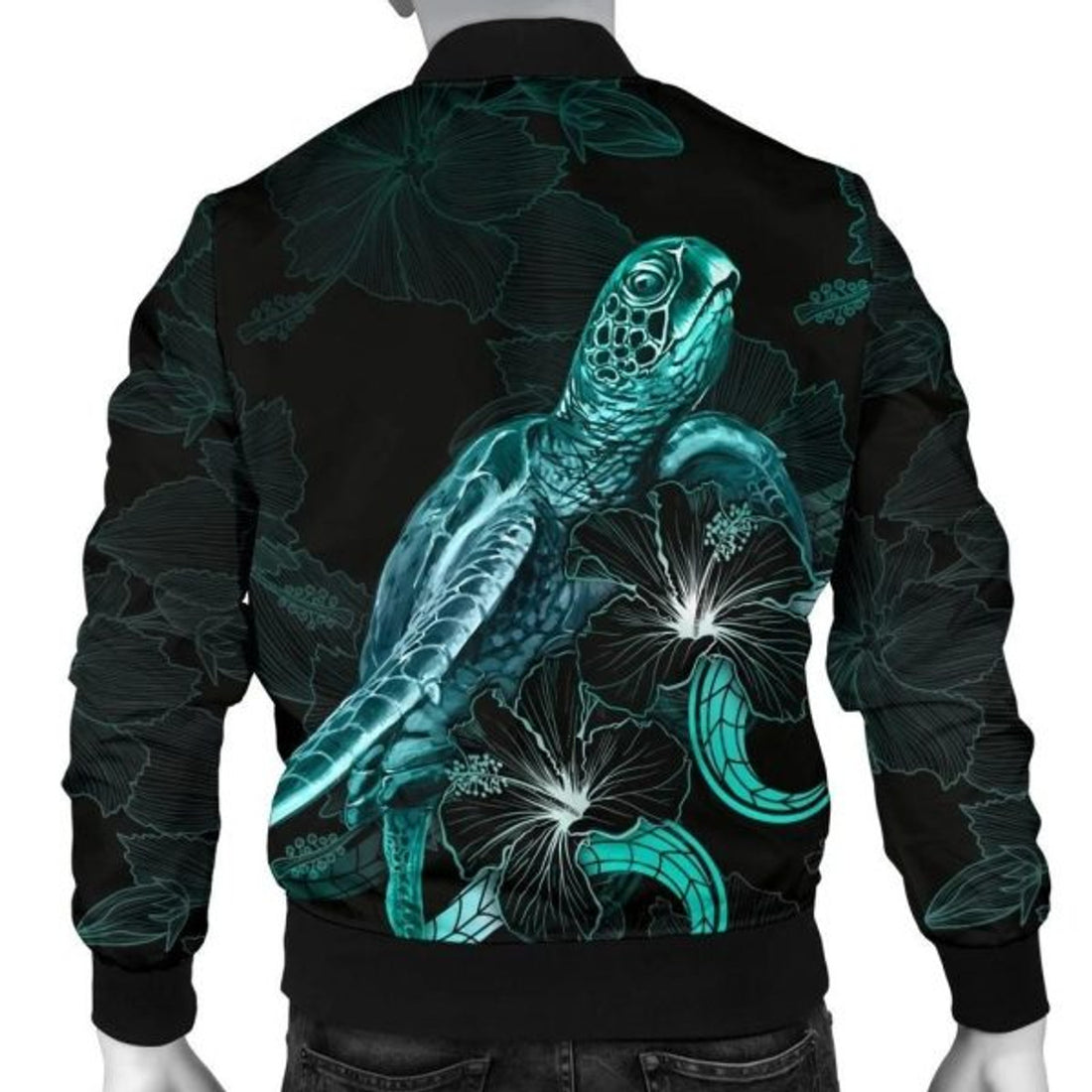 FUNSTUFFPRINT Bomber Jacket Hawaii Polynesian - Turtle With Blooming Hibiscus Turquoise 3D Bomber Jacket