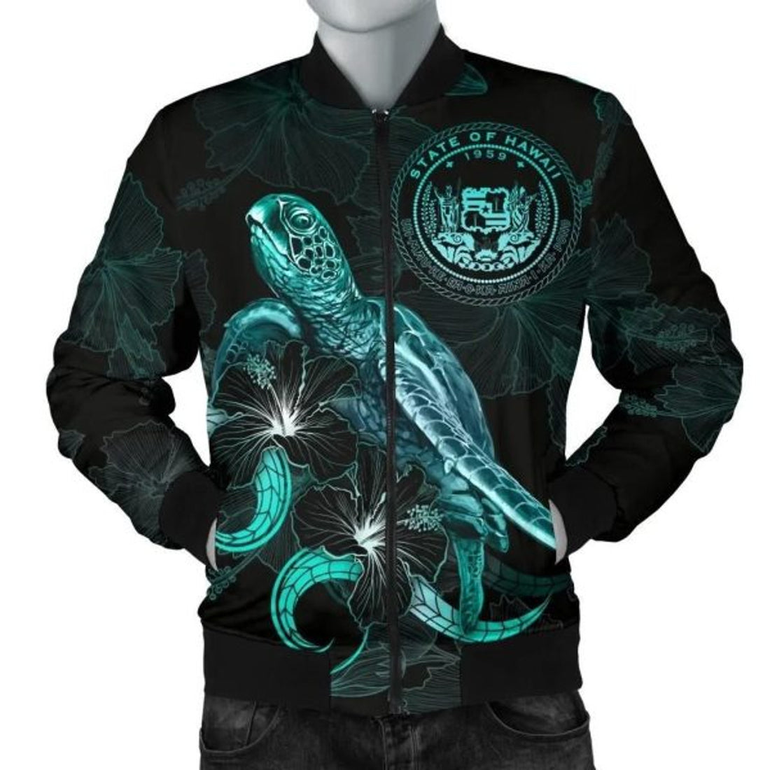 FUNSTUFFPRINT Bomber Jacket Hawaii Polynesian - Turtle With Blooming Hibiscus Turquoise 3D Bomber Jacket