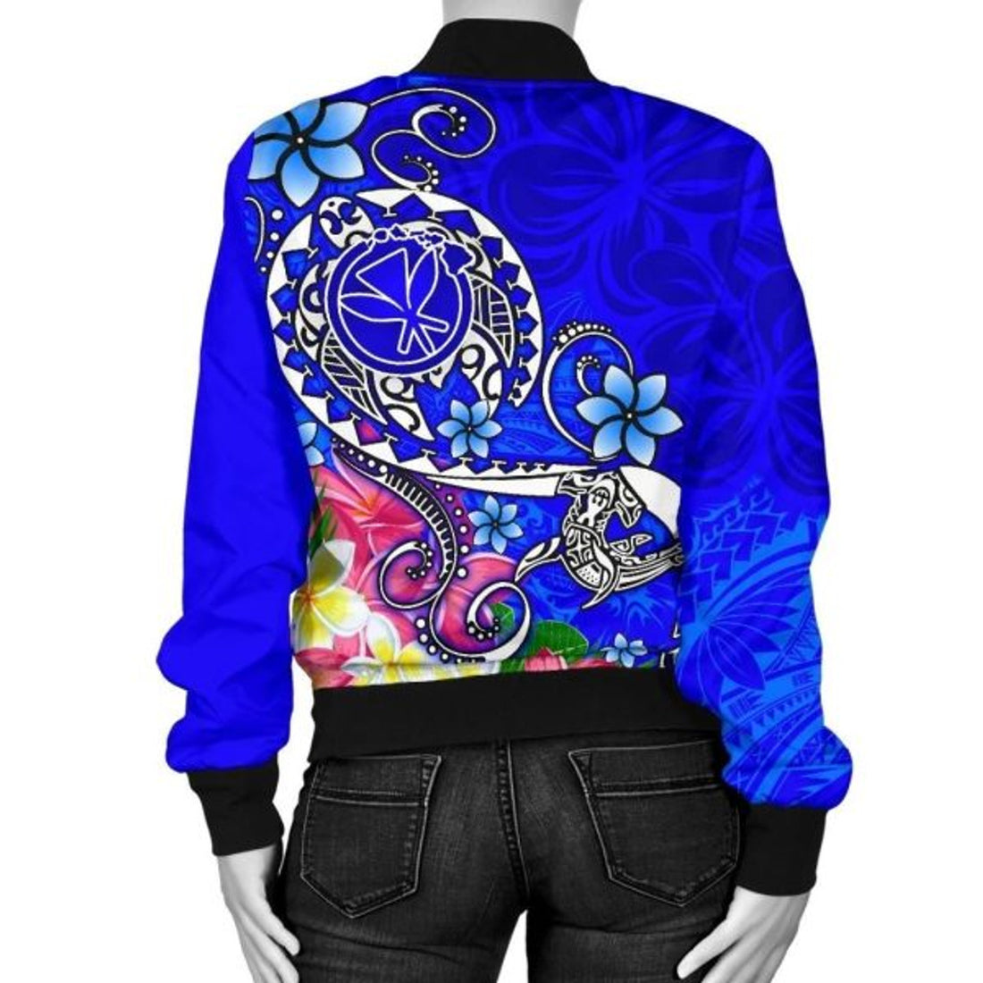 FUNSTUFFPRINT Bomber Jacket Hawaii - Turtle Plumeria Polynesian Tattoo Blue Color 3D Bomber Jacket