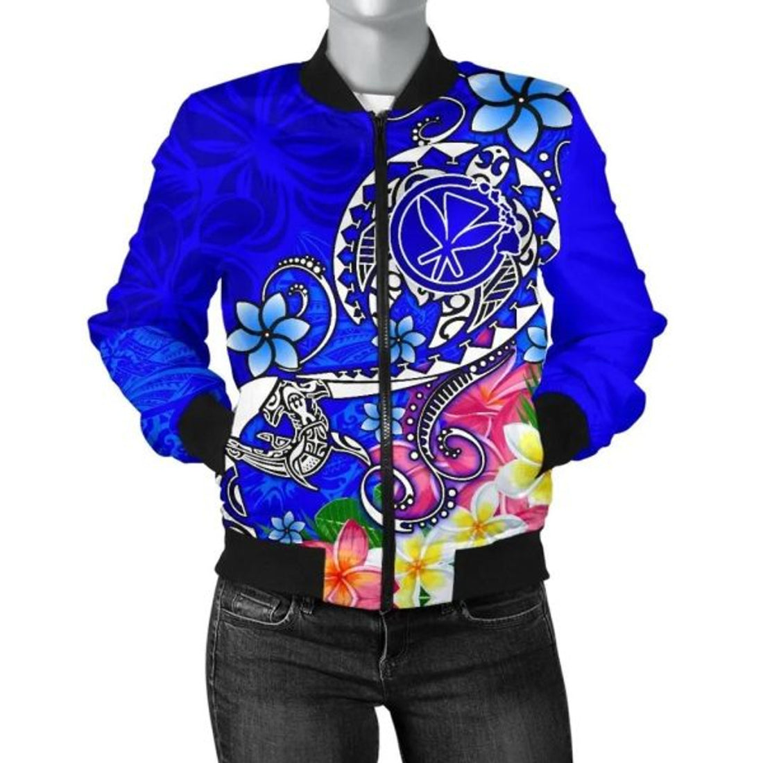 FUNSTUFFPRINT Bomber Jacket Hawaii - Turtle Plumeria Polynesian Tattoo Blue Color 3D Bomber Jacket