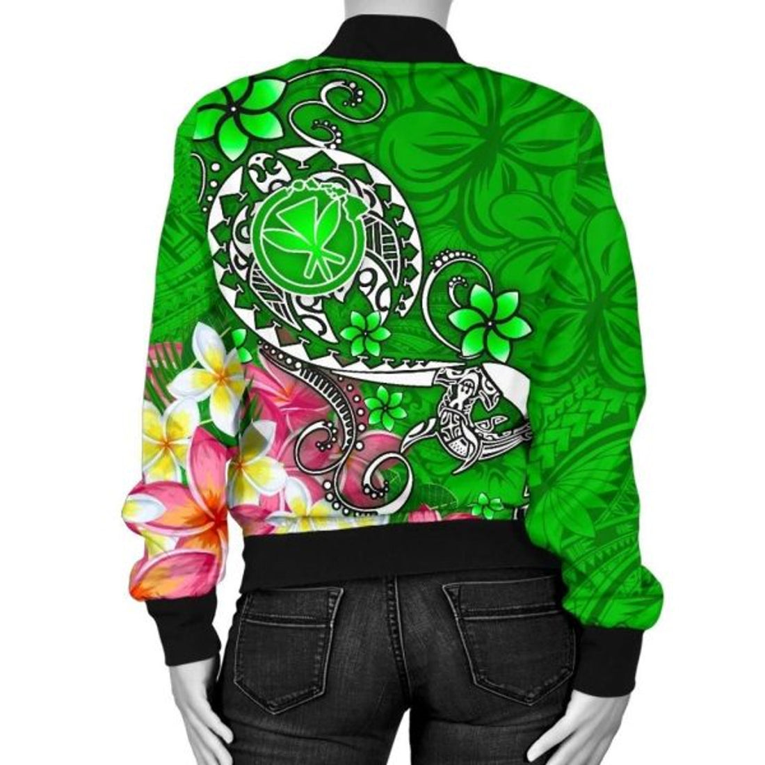 FUNSTUFFPRINT Bomber Jacket Hawaii - Turtle Plumeria Polynesian Tattoo Green Color 3D Bomber Jacket