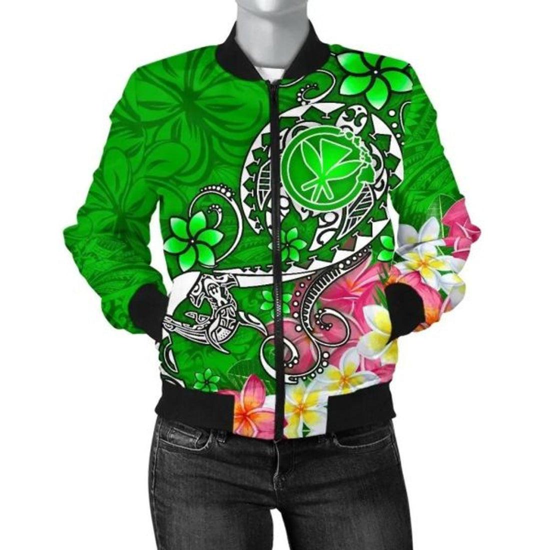 FUNSTUFFPRINT Bomber Jacket Hawaii - Turtle Plumeria Polynesian Tattoo Green Color 3D Bomber Jacket
