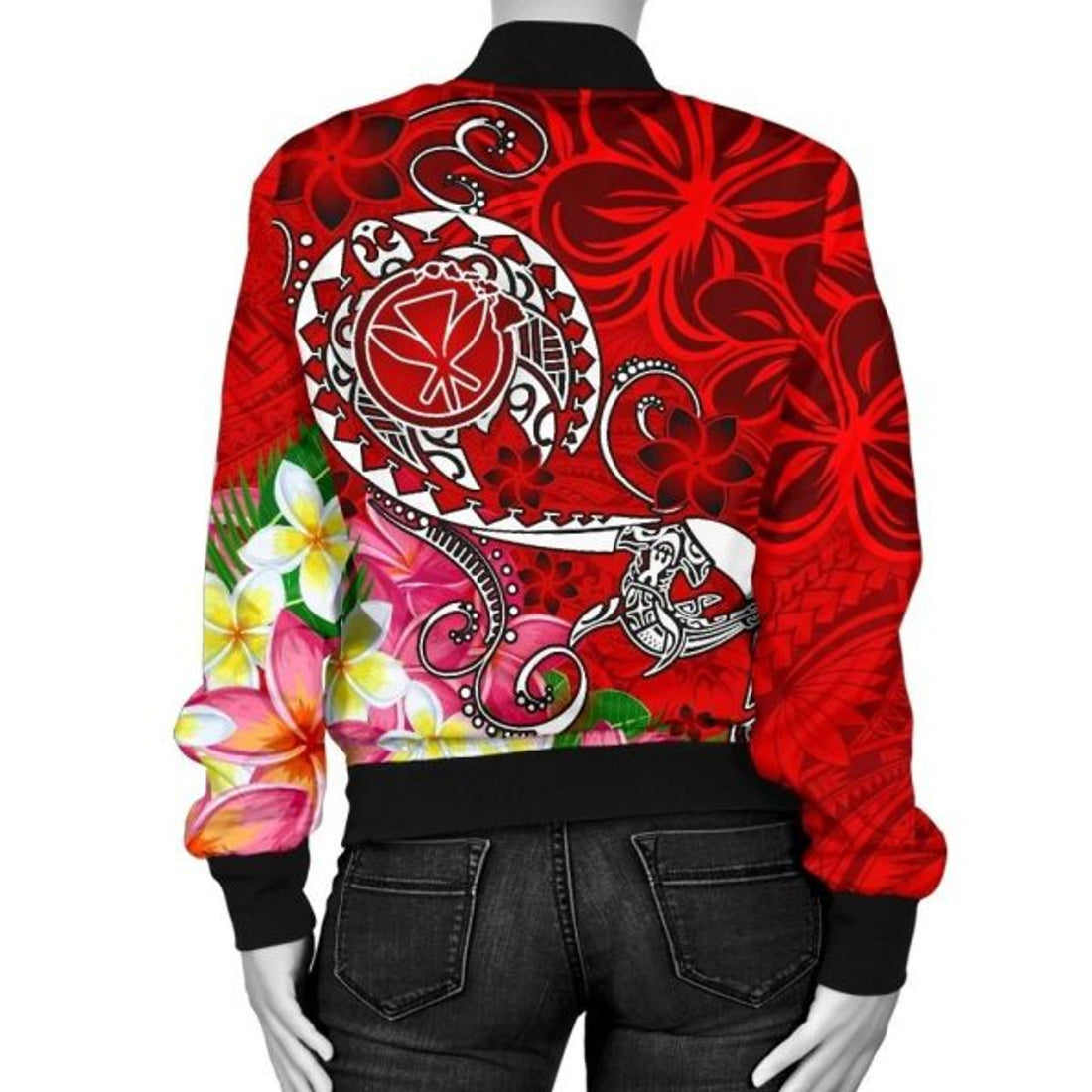 FUNSTUFFPRINT Bomber Jacket Hawaii - Turtle Plumeria Polynesian Tattoo Red Color 3D Bomber Jacket