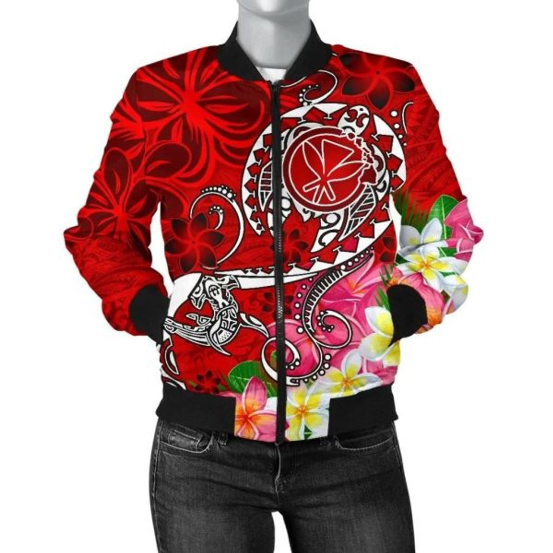 FUNSTUFFPRINT Bomber Jacket Hawaii - Turtle Plumeria Polynesian Tattoo Red Color 3D Bomber Jacket