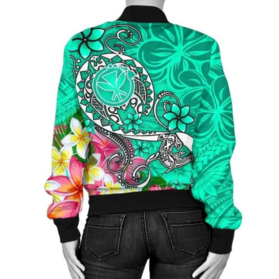 FUNSTUFFPRINT Bomber Jacket Hawaii - Turtle Plumeria Polynesian Tattoo Turquoise Color 3D Bomber Jacket