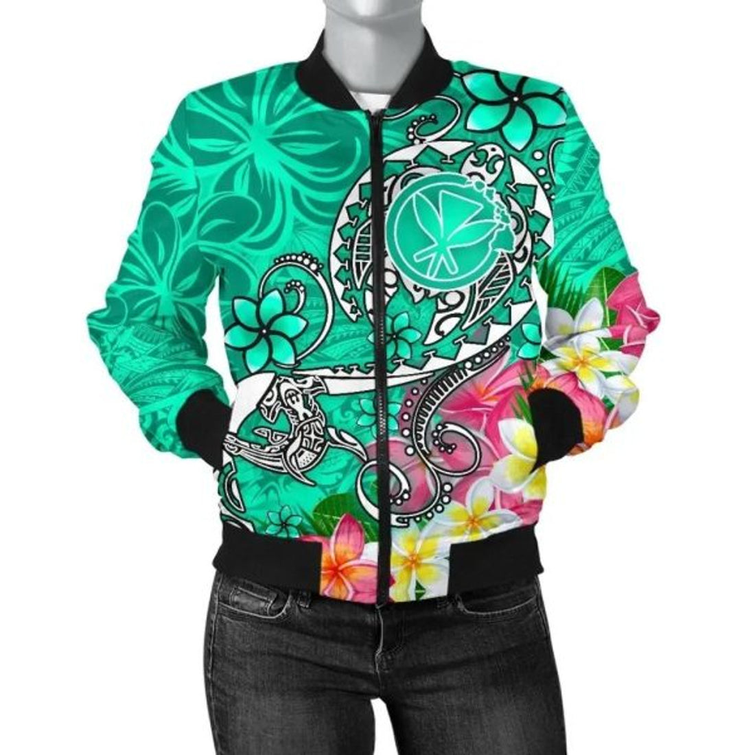 FUNSTUFFPRINT Bomber Jacket Hawaii - Turtle Plumeria Polynesian Tattoo Turquoise Color 3D Bomber Jacket