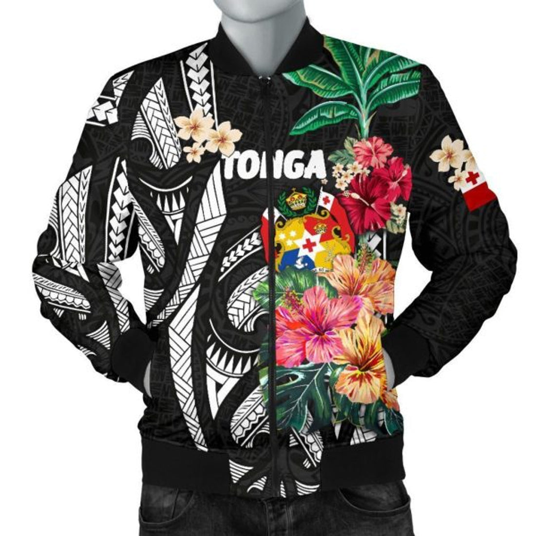 FUNSTUFFPRINT Bomber Jacket Tonga Coat Of Arms Polynesian With Hibiscus 3D Bomber Jacket