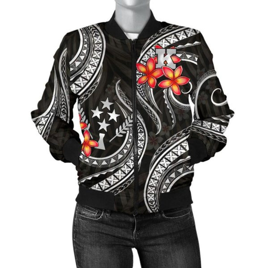 FUNSTUFFPRINT Bomber Jacket Kosrae Micronesian Black Plumeria 3D Bomber Jacket