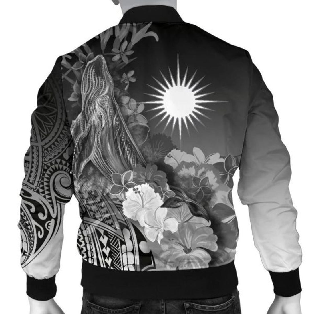 FUNSTUFFPRINT Bomber Jacket Marshall Islands Custom Personalised - Humpback Whale with Tropical Flowers (White) 3D Bomber Jacket