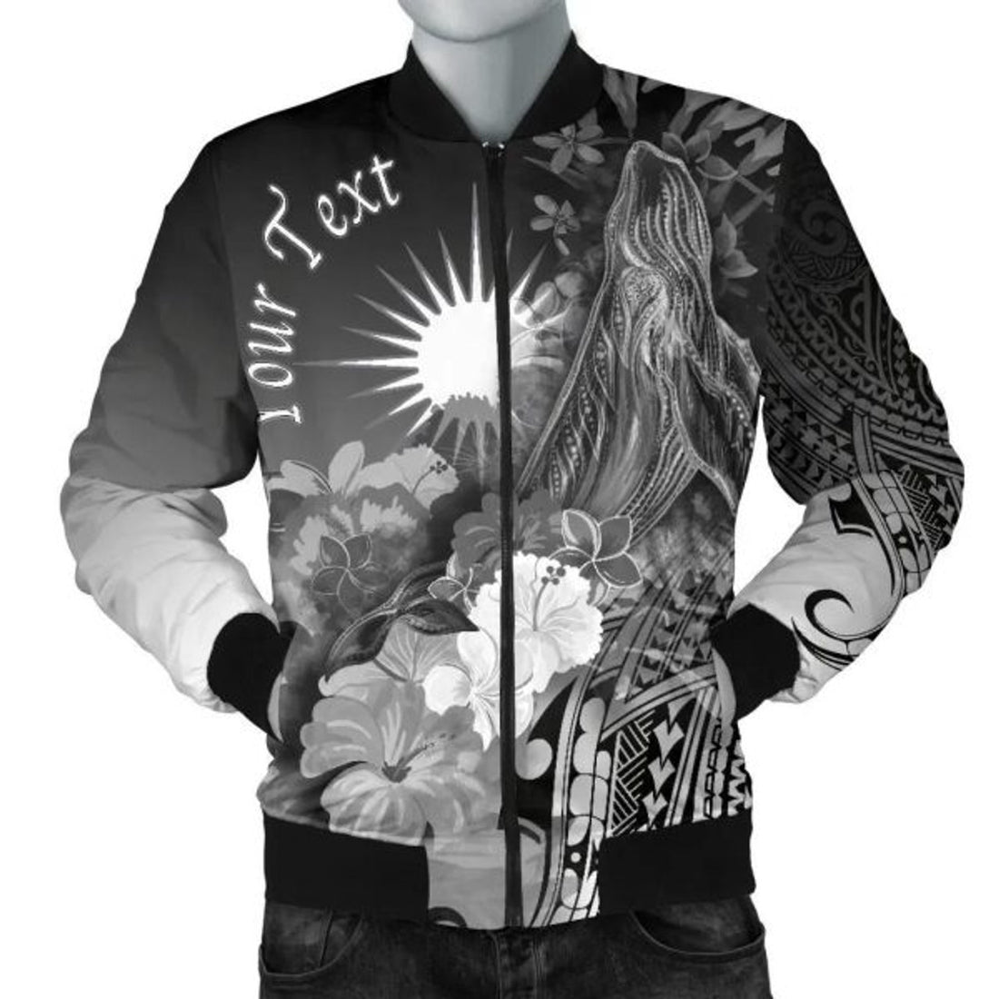 FUNSTUFFPRINT Bomber Jacket Marshall Islands Custom Personalised - Humpback Whale with Tropical Flowers (White) 3D Bomber Jacket
