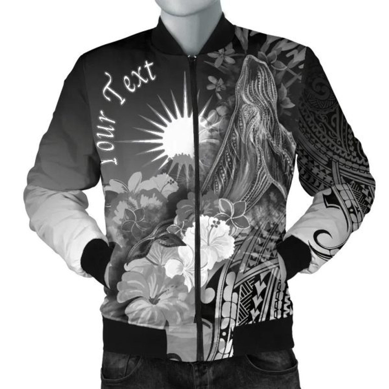 FUNSTUFFPRINT Bomber Jacket Marshall Islands Custom Personalised - Humpback Whale with Tropical Flowers (White) 3D Bomber Jacket