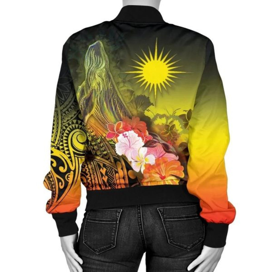 FUNSTUFFPRINT Bomber Jacket Marshall Islands - Humpback Whale with Tropical Flowers (Yellow) 3D Bomber Jacket