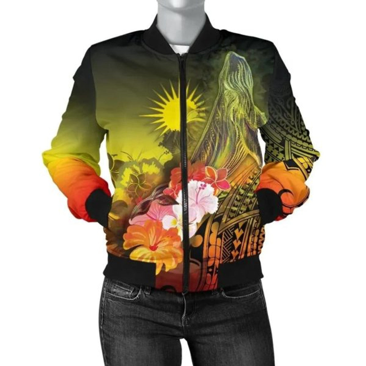 FUNSTUFFPRINT Bomber Jacket Marshall Islands - Humpback Whale with Tropical Flowers (Yellow) 3D Bomber Jacket