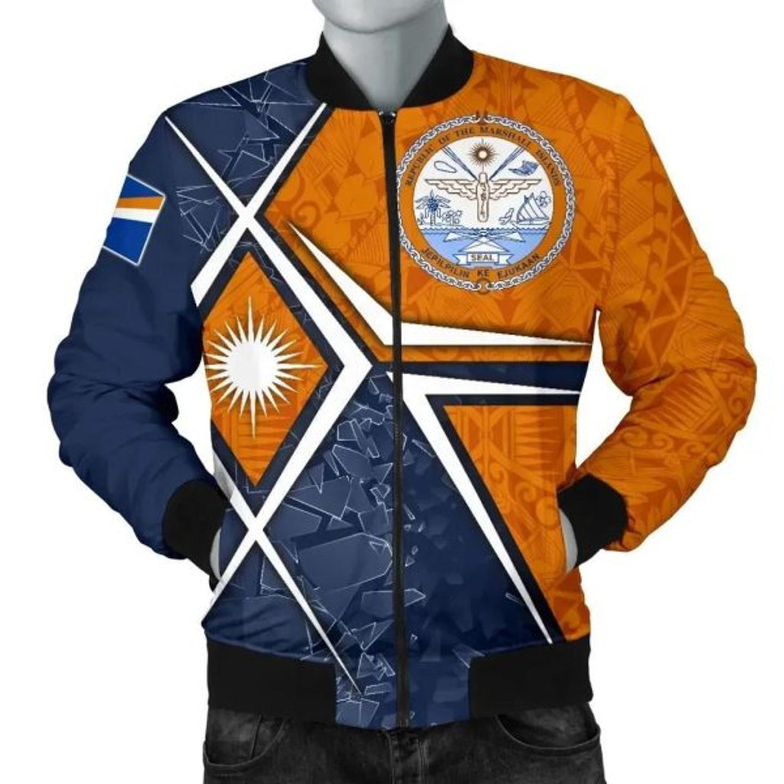 FUNSTUFFPRINT Bomber Jacket Marshall Islands - Marshall Islands Flag with Polynesian Patterns 3D Bomber Jacket