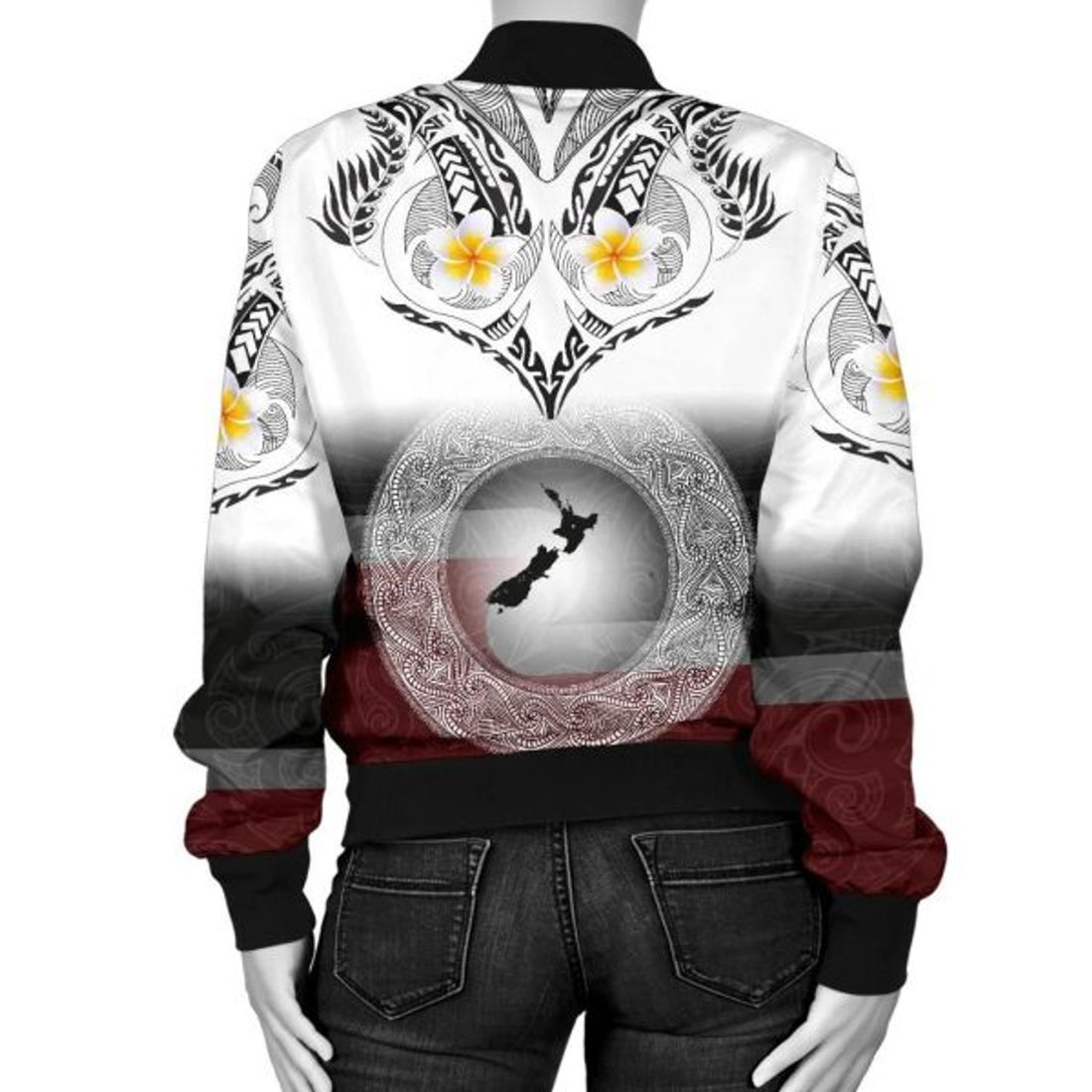 FUNSTUFFPRINT Bomber Jacket New Zealand Aotearoa Maori Fern and Plumeria Tattoo Style 3D Bomber Jacket