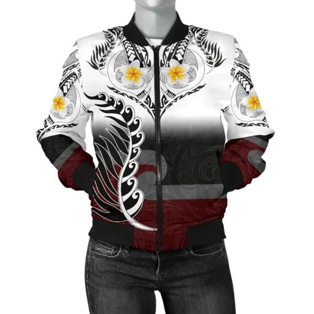 FUNSTUFFPRINT Bomber Jacket New Zealand Aotearoa Maori Fern and Plumeria Tattoo Style 3D Bomber Jacket