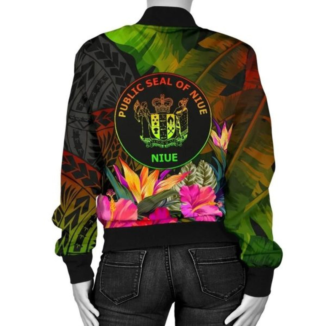 FUNSTUFFPRINT Bomber Jacket Niue Polynesian - Hibiscus and Banana Leaves 3D Bomber Jacket