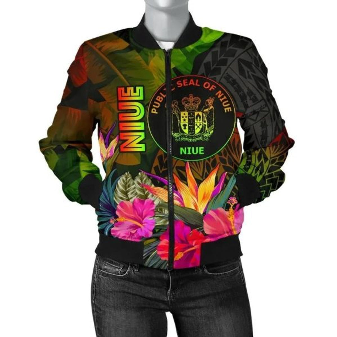 FUNSTUFFPRINT Bomber Jacket Niue Polynesian - Hibiscus and Banana Leaves 3D Bomber Jacket