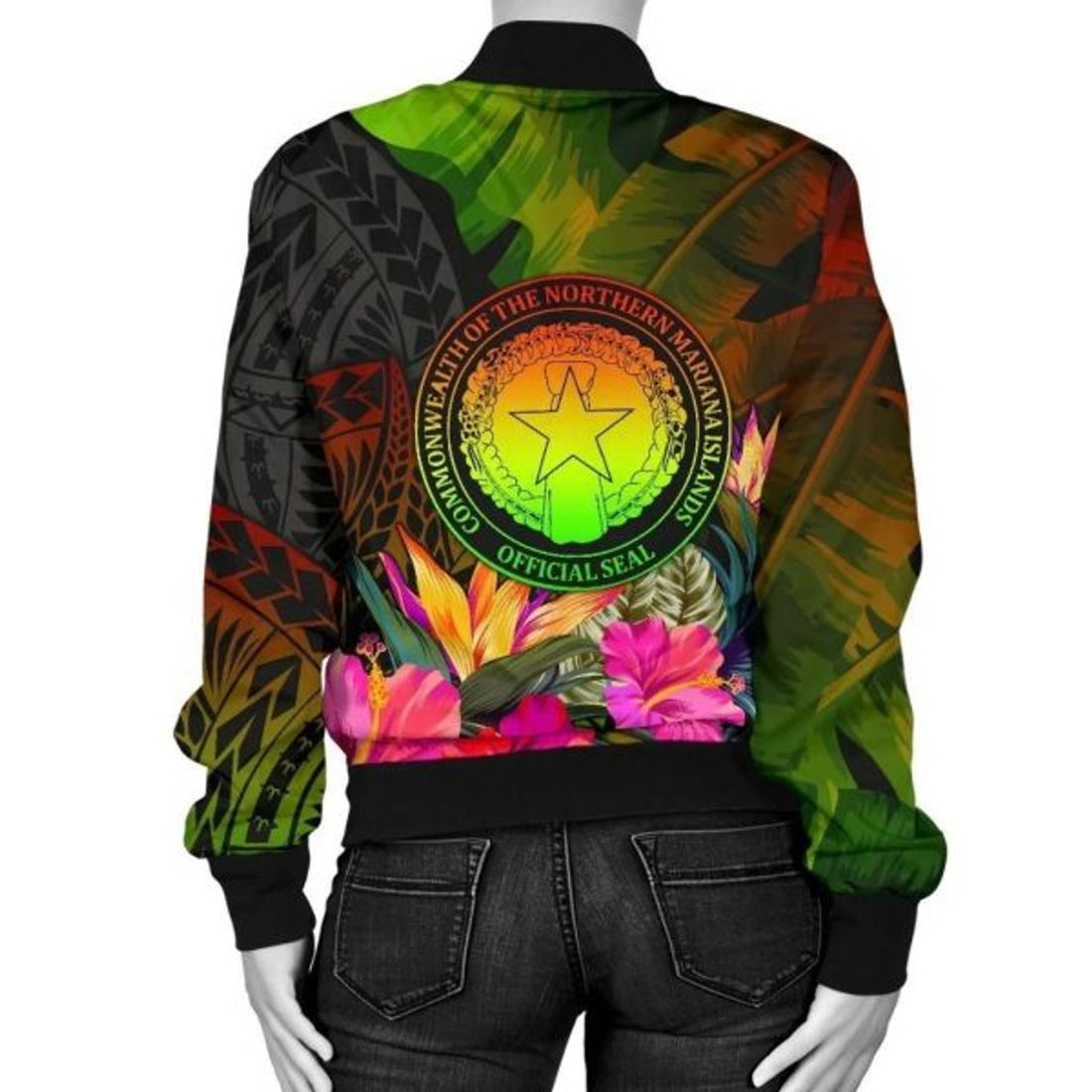 FUNSTUFFPRINT Bomber Jacket Northern Mariana Islands Polynesian Hibiscus and Banana Leaves 3D Bomber Jacket