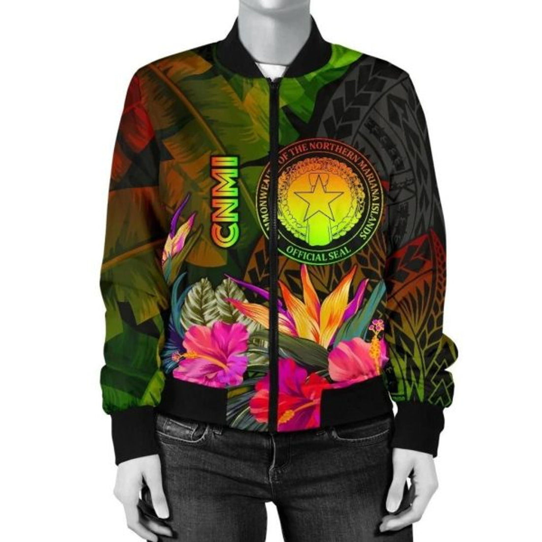 FUNSTUFFPRINT Bomber Jacket Northern Mariana Islands Polynesian Hibiscus and Banana Leaves 3D Bomber Jacket